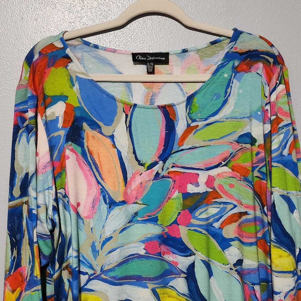 CLAIRE DESJARDINS Tunic Top Womens XL Multicolor Abstract Print Asymmetrical Hem - Picture 3 of 11